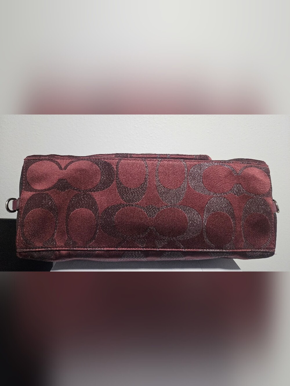 13' Coach Campbell Signature Metallic Belle Carryall in maroon sateen canvas. - Picture 4 of 10